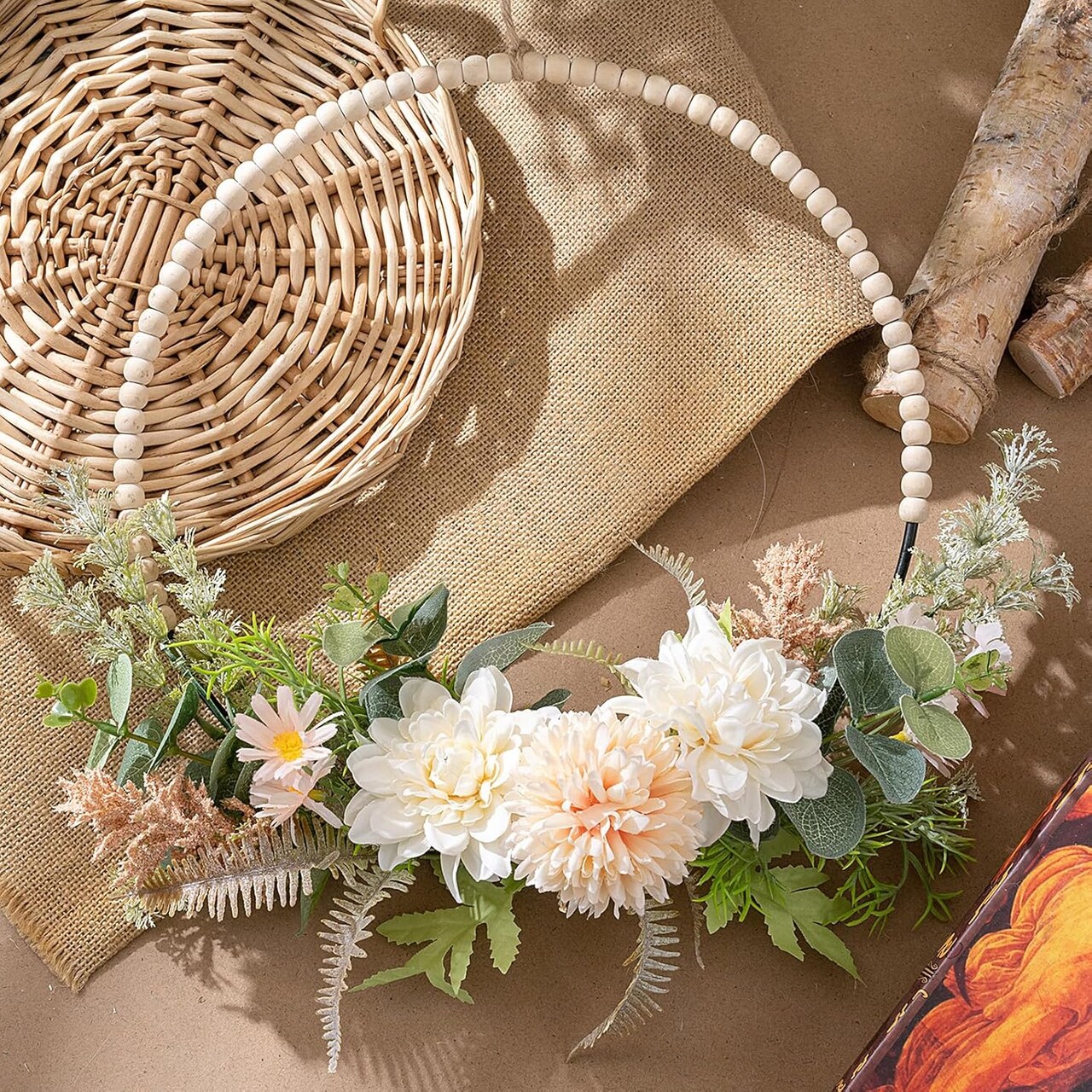 Artificial Flower Wreath for Front Door Floral Hoop Wreath Decor with Wood Beads Milk White Flowers Green Leaves Summer Home Decor